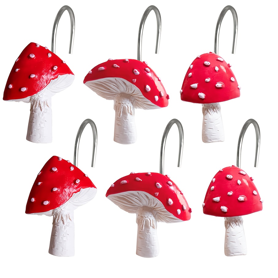 

12-pack Red Mushroom Bathroom Curtain Hooks, Home Decor Sliding Hooks For Bedroom, Living Room, & Quiet, Decorative Curtain Hangers For Shower And Window