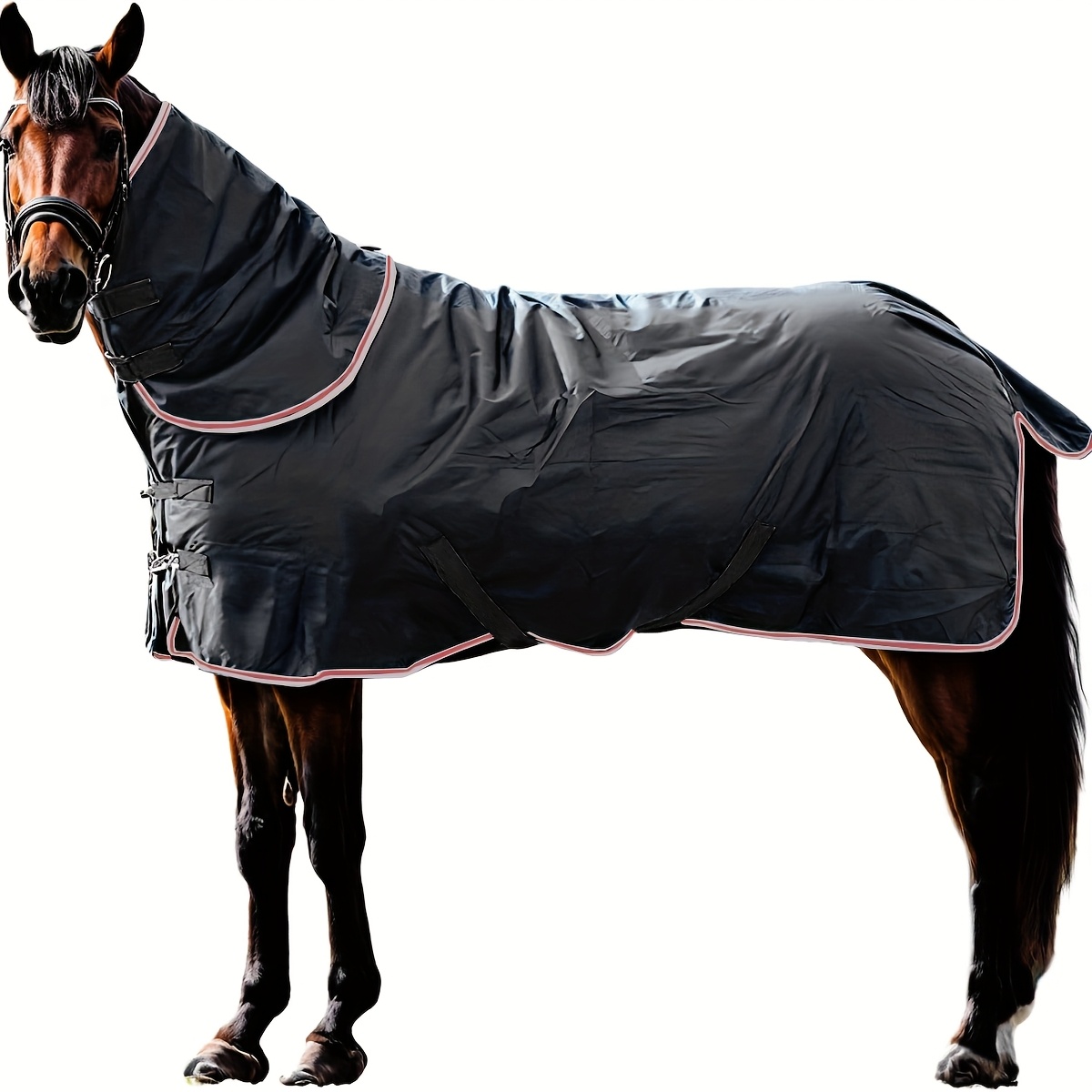 TEMU 1pc Horse Blanket 1000d Polyester Horse Sheet Blanket Windproof And Breathable Rainproof With Neck Cover