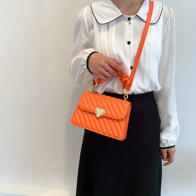 womens fashion shoulder bag korean version leather quilted solid color heart accent removable strap magnetic closure synthetic leather lining painted edges versatile crossbody purse in black red beige orange red rose khaki green purple details 5