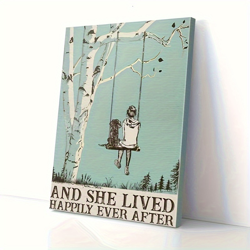 

1pc Wooden Framed Decor, And She Lived Happily Ever After Dog Canvas Decor Wall Art For Bedroom Living Room Home Walls Decoration, Framed, Ready To Hang 11.8inx15.7inch