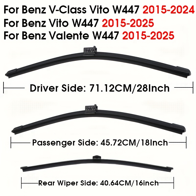 E-shop Satz Windschutzscheibenwischer für vorn und hinten für Mercedes-Benz W447 Modelle von 2015 bis 2024, inklusive der Valente Version, mit 28", 18"
