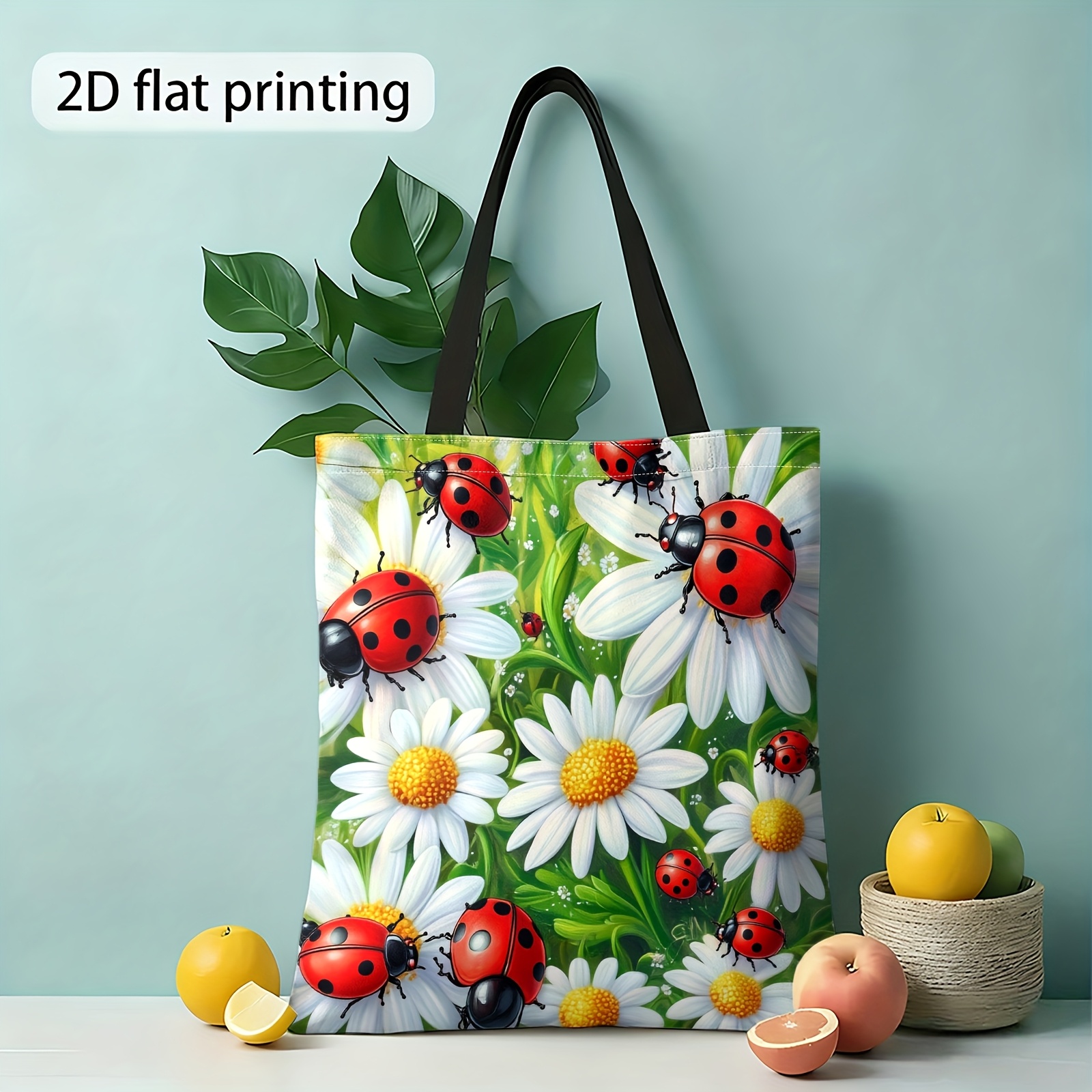 Thanksgiving 2d Printed Tote Bag With Ladybug And Daisy Design, Reusable Shopping Bag, Shoulder Bag, And Bag