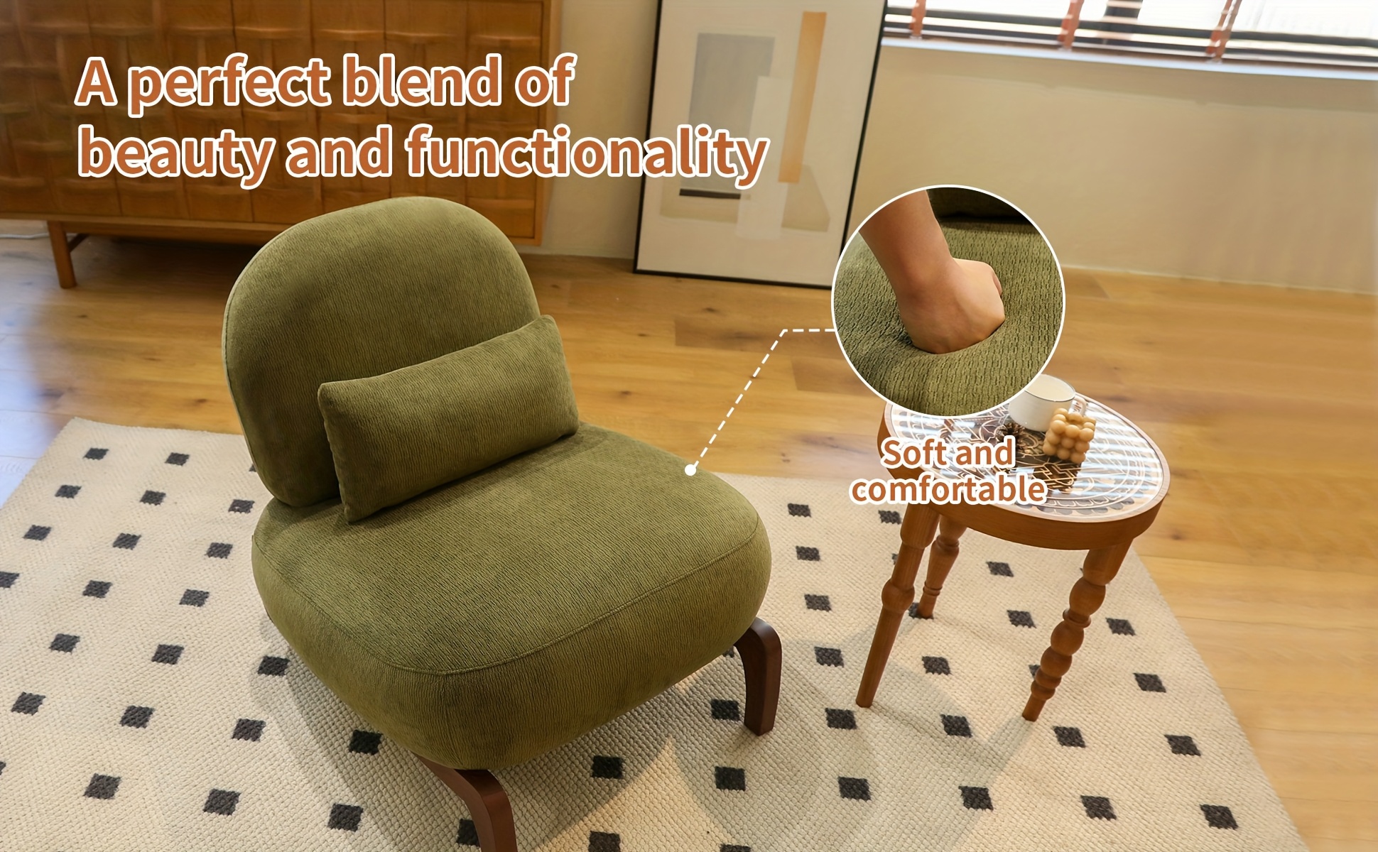 Cute Accent Chair with Solid Wood Legs, Velvet Living Room Chair with Soft Cushion, Cozy Bedroom Chair, Comfy Armless Reading Chair for Apartment, Waiting Room, Balcony