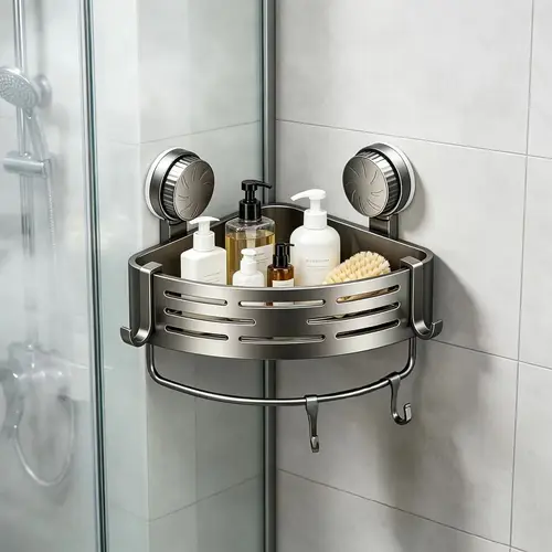 Triangular Drop Ceiling shower caddy with suction cups sold on Temu United States