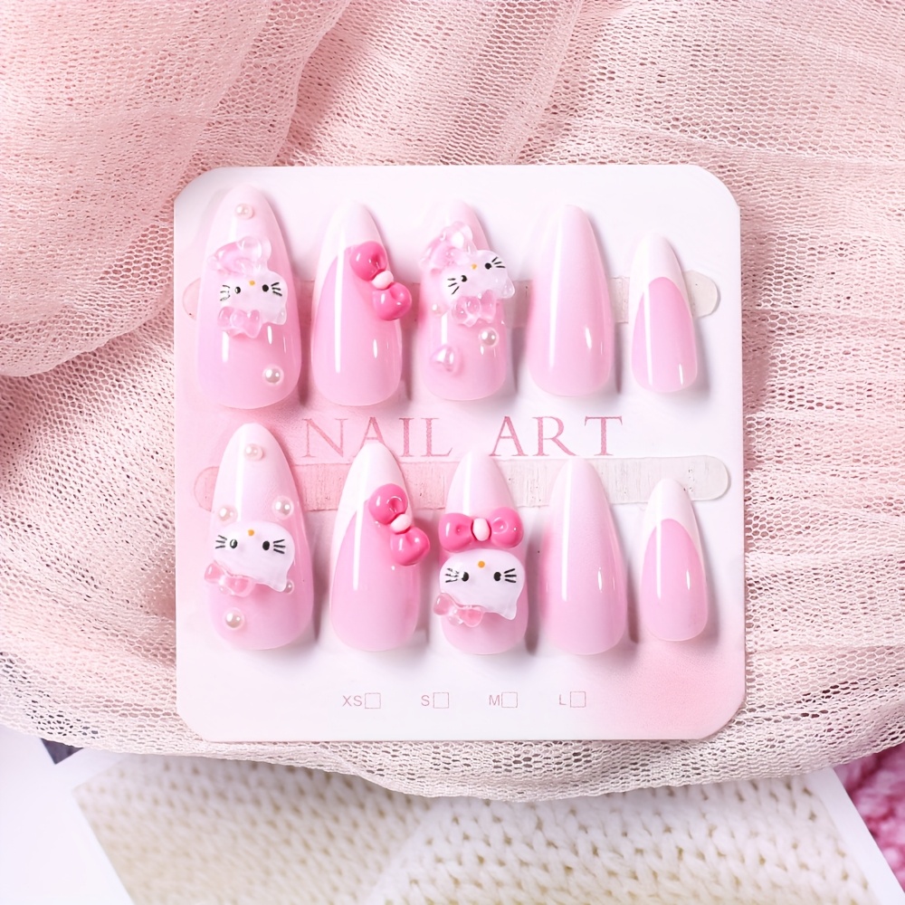 E-shop 24 Stück 3D Hello Kitty Press-On Nägel Sanrio Pink Verlauf Y2k Kitty Kunstnägel Cartoon Schleife Herz Mandelform Falsche Nagelspitzen