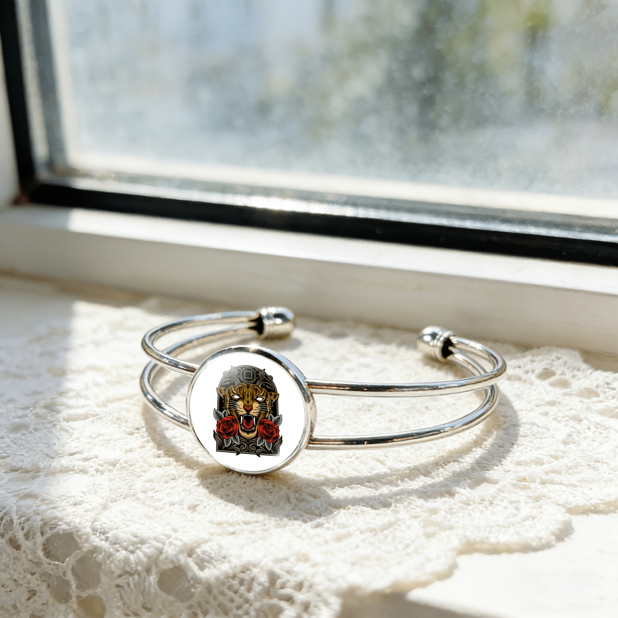 Adjustable Open Bangle with Roaring Tiger and Rose Design