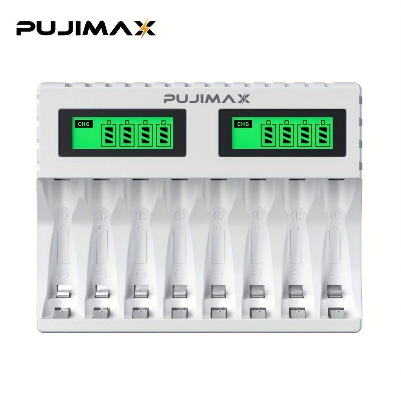 TEMU Pujimax 8-slot Usb Rechargeable Battery Charger With Lcd Display, Suitable For Aa/aaa Batteries, Portable Power Supply, Maximum Voltage 36v, For