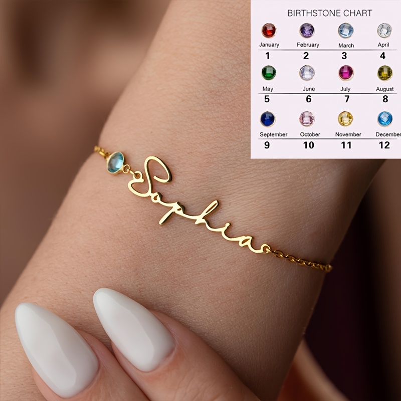 TEMU Custom Name Bracelet For Women, 18k Golden Plated Stainless Steel, Cursive Letter Nameplate With Birthstone Accent, Hypoallergenic Non-tarnish