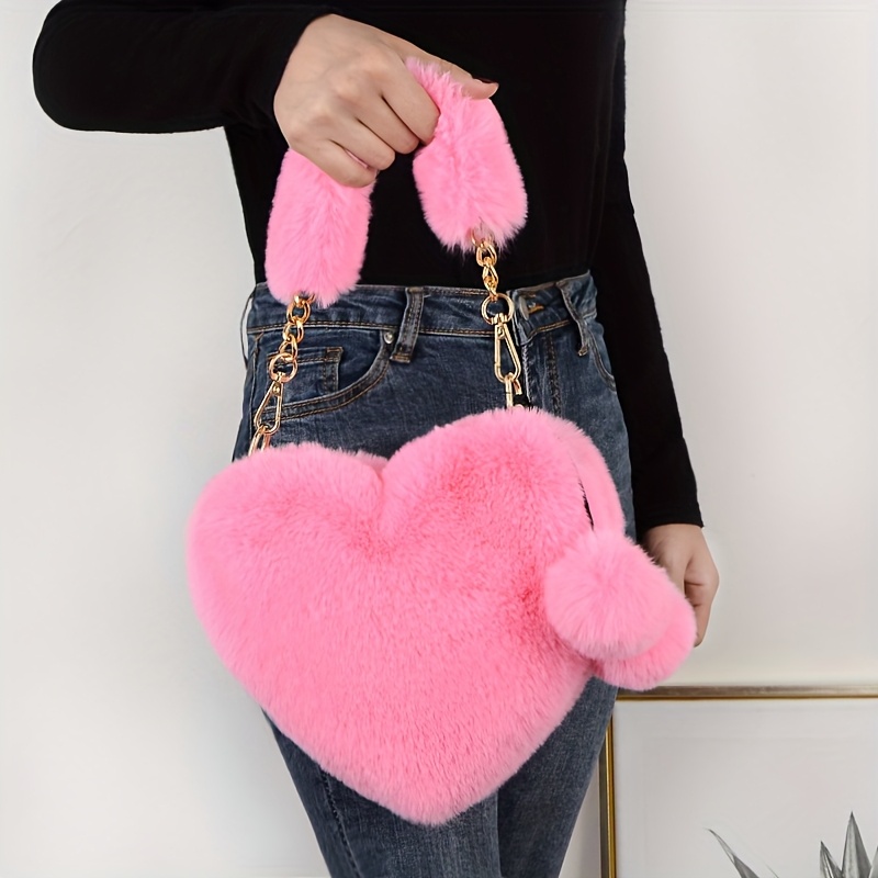 

1pc Cozy Heart-shaped Fur Crossbody Bag, Polyester Plush Love Purse With Chain Shoulder Strap, Soft Pink/white/ Handbag, Ideal For Christmas & Valentine's Day Gifts