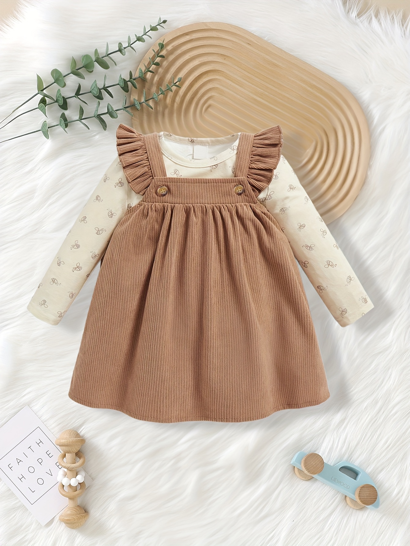 Baby Spring/Autumn Long Sleeve Round Neck * Top And Lace Cami Solid Color  Pinafore Dress 2pcs Set, for Outdoor
