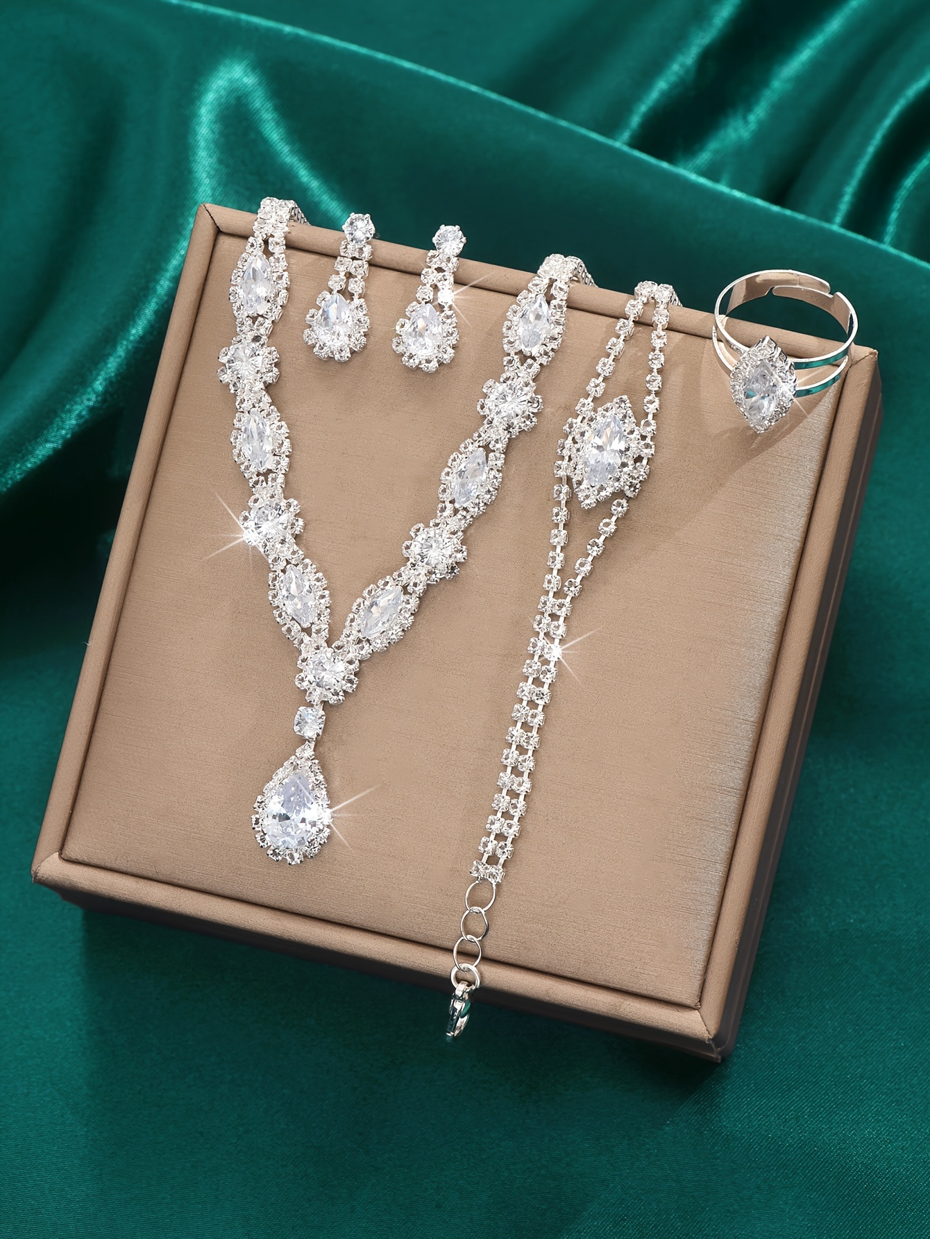 popular   5pcs elegant bridal jewelry set silver plated necklace bracelet earrings ring with sparkling rhinestones water     weddings formal events middle eastern pearl jewelry set details 2