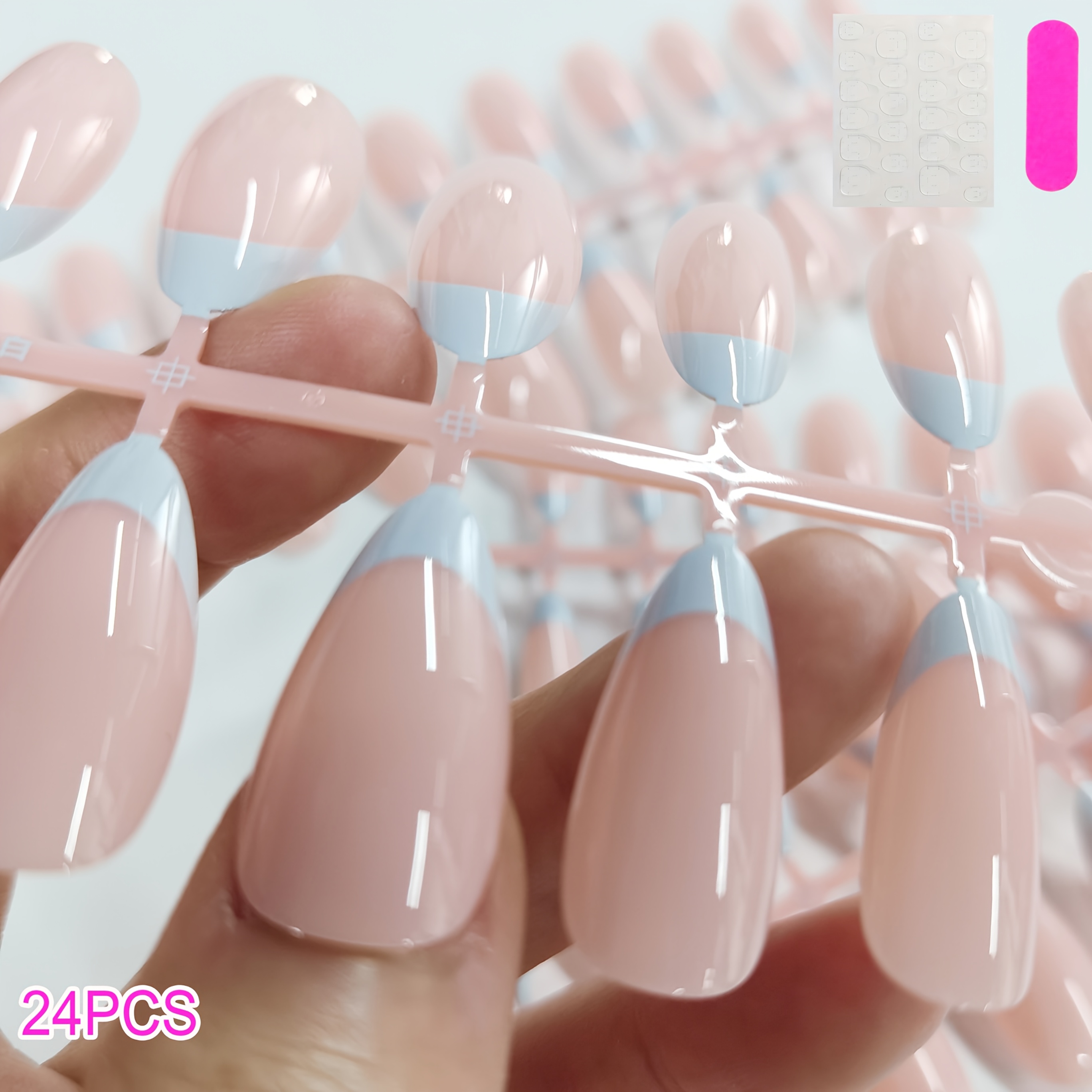 TEMU 24pcs Light Blue French Tip Press On Nails Suitable For Women, Nude Pink & Glossy False Nails With Almond/oval Shape, Medium/short Lengths, Full