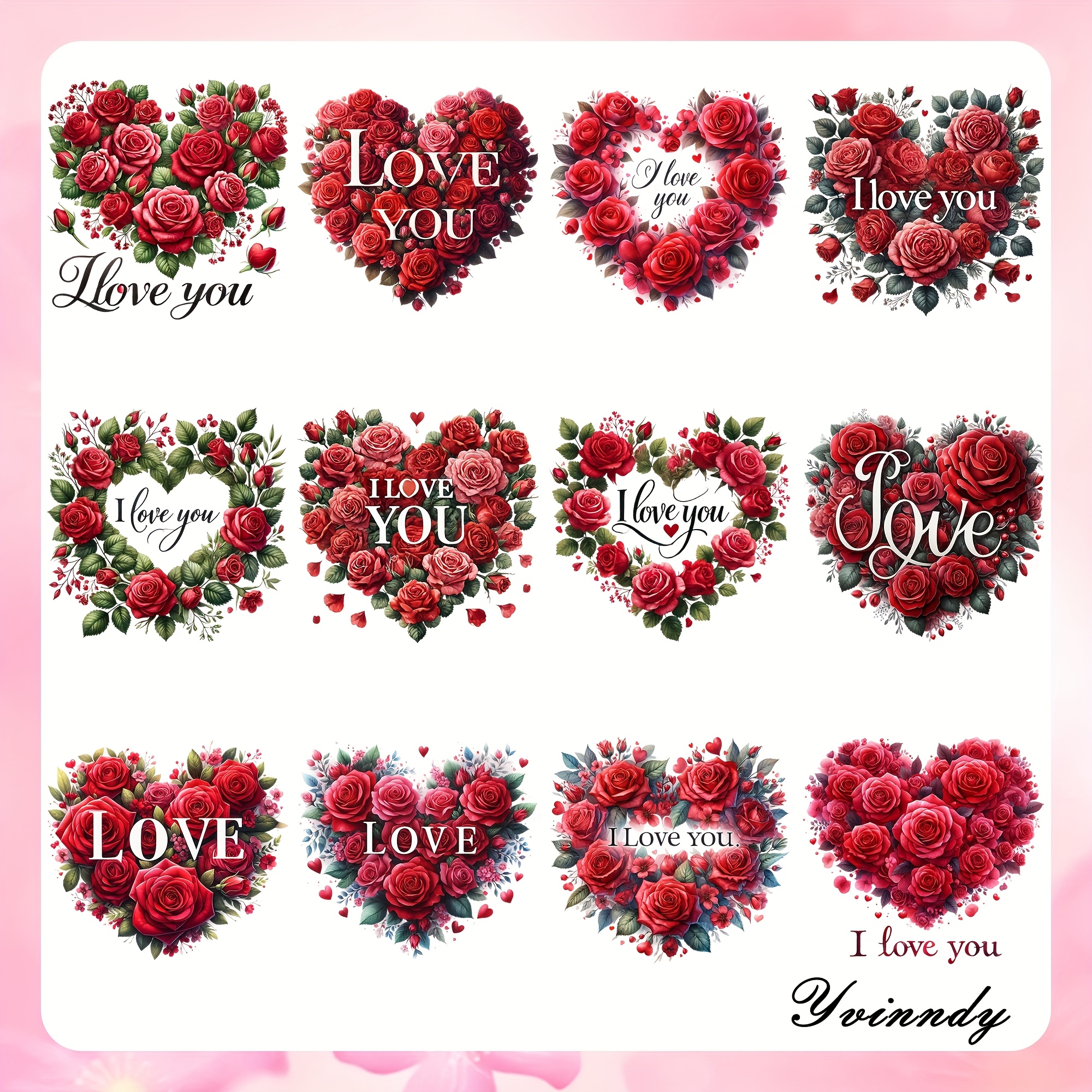 TEMU 12 pièces/SET Bouquet pour la Saint-Valentin DIY Tumblers Beige Papier Transfert Décoratif UV DTF Autocollant Haute Décorations Transfert sur