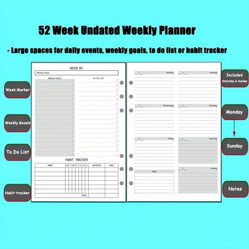 undated weekly planner refill for a5 ring binder 5 6 x hole planner inserts on 2 pages extra to do list goals habit section