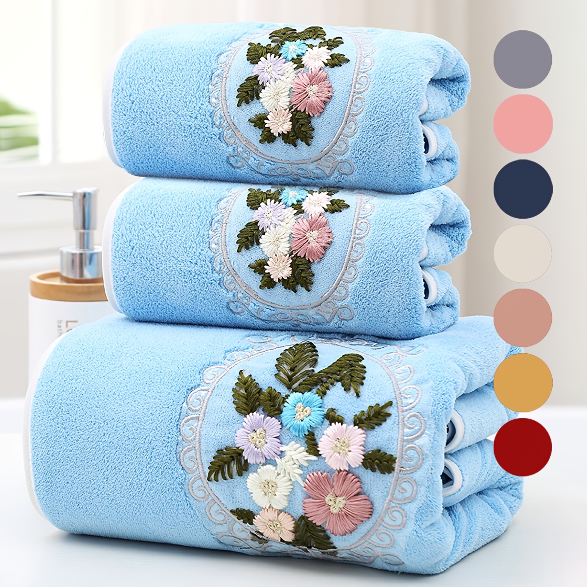 

Ultra- Velvet Towel Set - 3pcs With Embroidery, Includes 2 Hand Towels (14x29 Inches) & Bath Towel (27.5x55 Inches), Quick-dry, Absorbent & Skin-friendly, Home & Outdoor Use