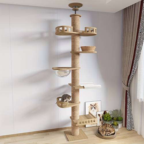 adjustable floor to ceiling cat tree tower 98 43 102 36 inch tall natural sisal scratching post with multi level platforms hammock perch sturdy reinforced base no drill design for large cats cat tower for large cats pet activity center furniture durable pet furniture