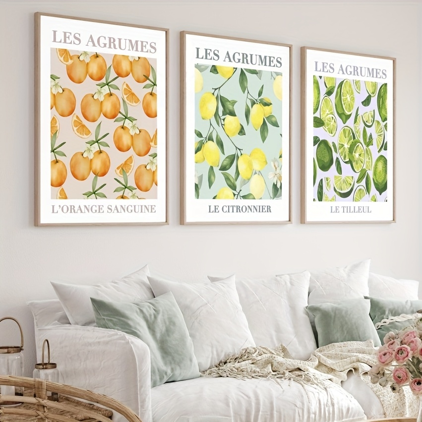 TEMU Set Of 3 French Fruit Art Prints Poster, Fruit Wall Art, Print, Kitchen Wall Art, Lemons Art, , Home Decor, Unframed