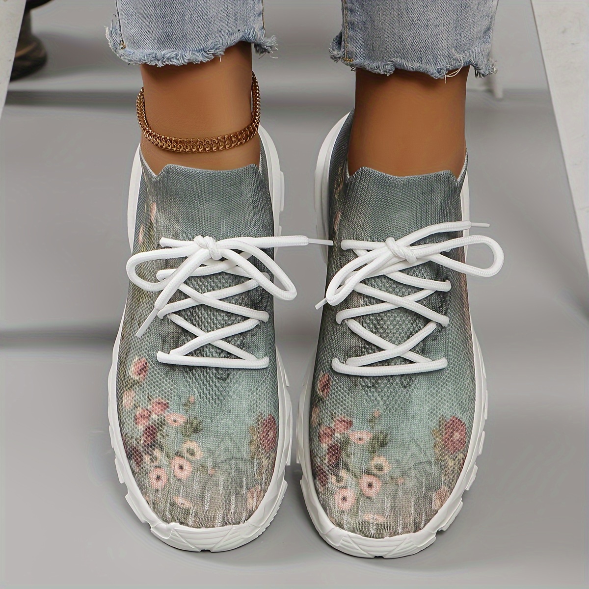 

Women's Vintage Floral Knitted Sneakers, Lace Up Lightweight Soft Sole Walking Shoes, Low-top Breathable Shoes