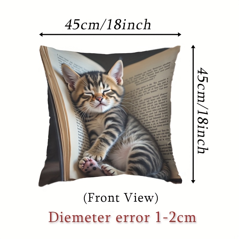 TEMU 1pc Cozy Cat Pillow Cover - Double-sided Printed With Adorable Napping Kitten & Books Design, Soft Short Plush Fabric, Cute Literary-themed