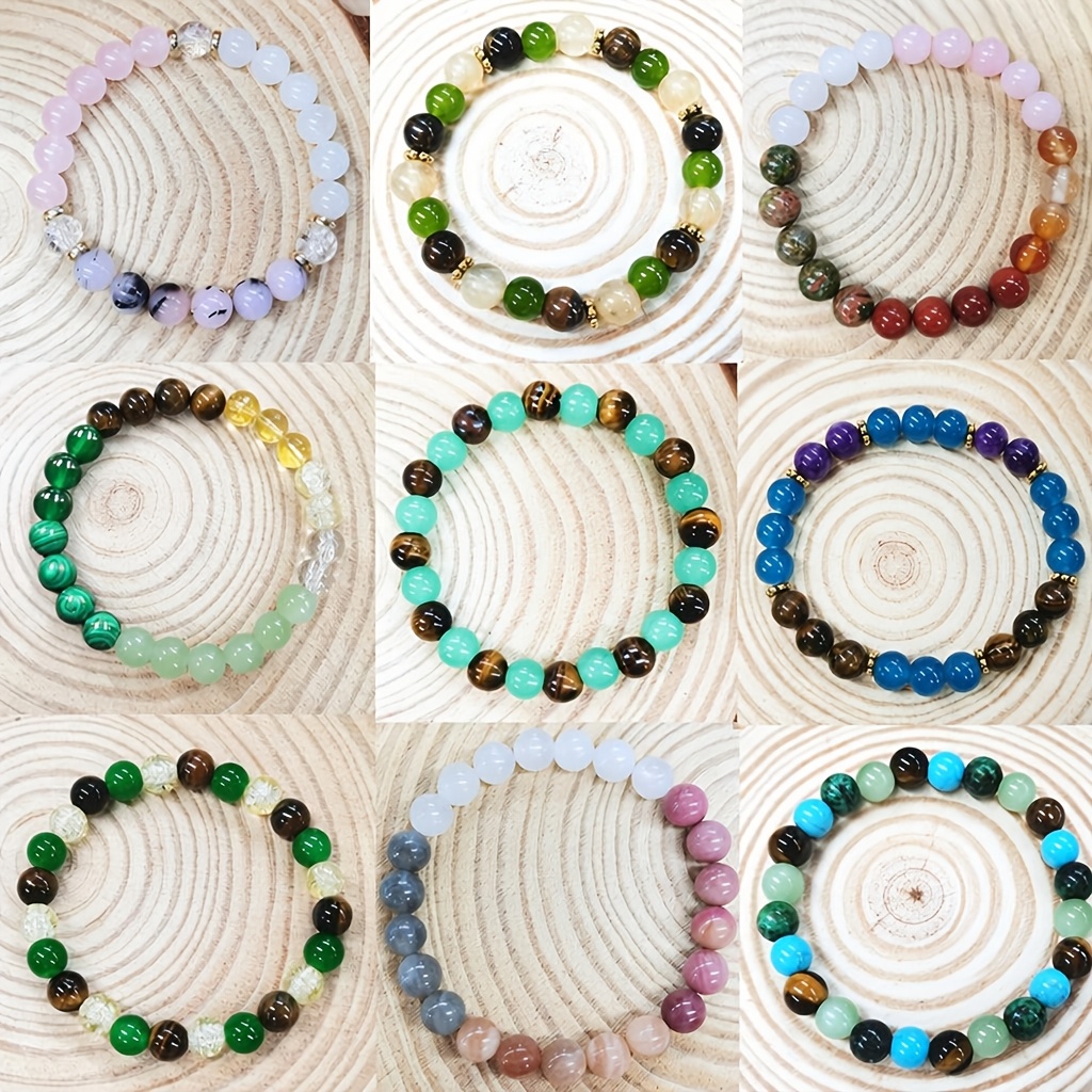TEMU 9pcs/ 8mm Natural Stone And Glass Mixed Bracelet For Men And Women, Handcrafted With Stretched Round Beads, Suitable For Genders, As A Gift For