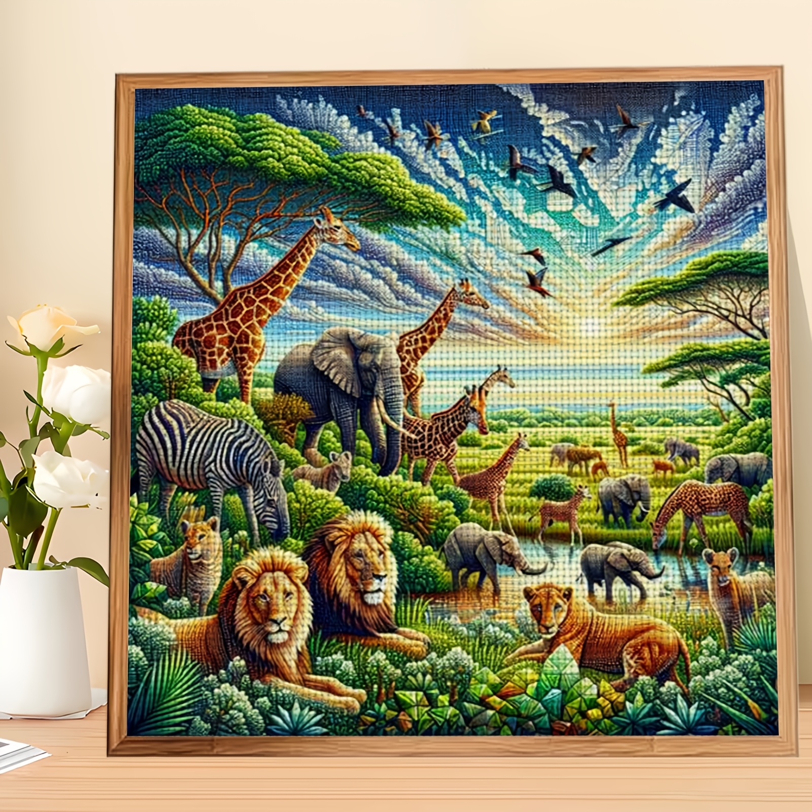 TEMU 1pc Diy Stitch Print Kit, Frameless, "african Wildlife Group" Pattern, Beginners' Relaxing Craft Time, Allows You To Experience The Full Process