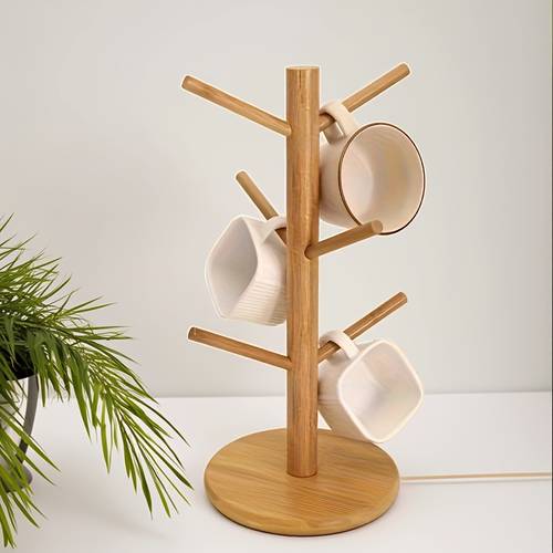 1pc premium solid wood coffee cup holder 6 hook countertop mug rack kitchen organizer for coffee bar and home decor with non slip base space saving cup storage solution