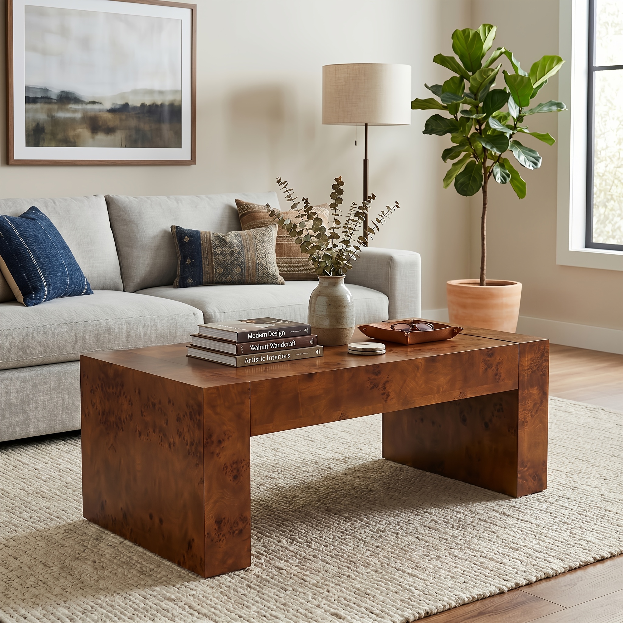 Modern Burl Wood Finish Coffee Table Suitable for Living Spaces, Minimalist Rectangular Center Table with Brushed Block Legs & Density Board Top, Sturdy /Outdoor Furniture for, Balcony, Entryway - Assembly