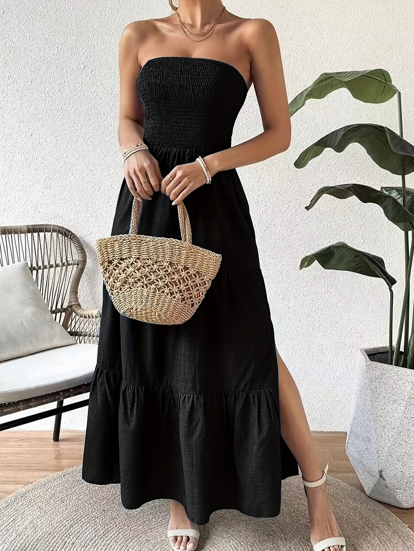 Elegant Off-Shoulder Ruffle Hem Maxi Dress for Women Summer Casual Solid  Color White with Small Side Polyester Fabric, Bandeau Style, Perfect