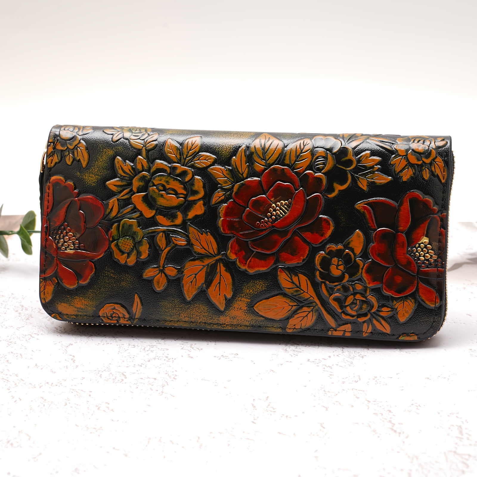 Vintage Floral Embossed Women's Wallet Card Holder Long Clutch With Carved Pattern Handbag