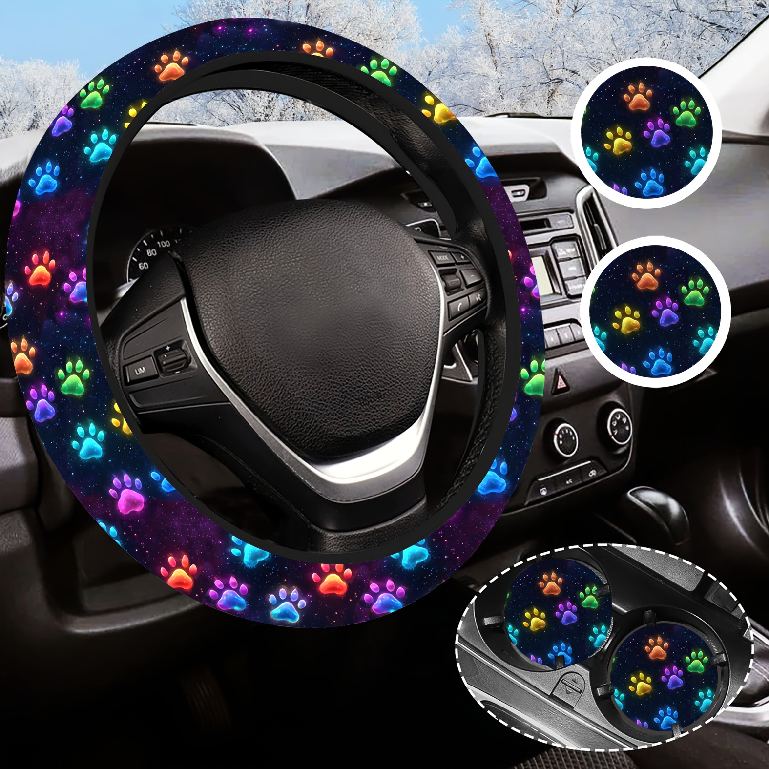 TEMU 3pcs Celestial Cute Paw Print Theme Car Steering Wheel Covers, Made Of Neoprene Rubber For Women And Men, , Universal Size -15 Inches, Anti-slip