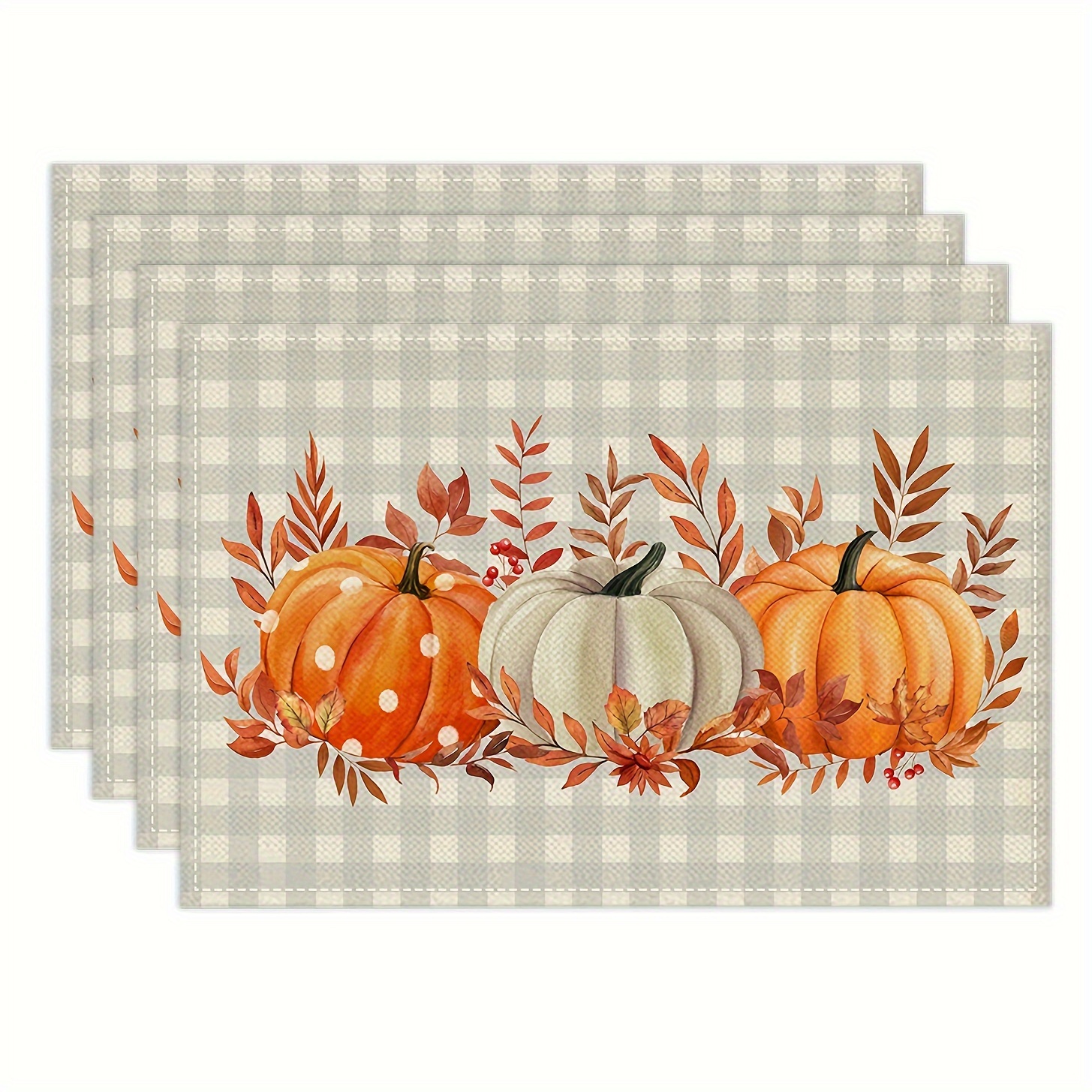 

4-pack Autumn Pumpkin Maple Leaf Placemats, Woven Polyester, Square Washable Table Mats, 12x18" For Fall Harvest Party & Dining Decor