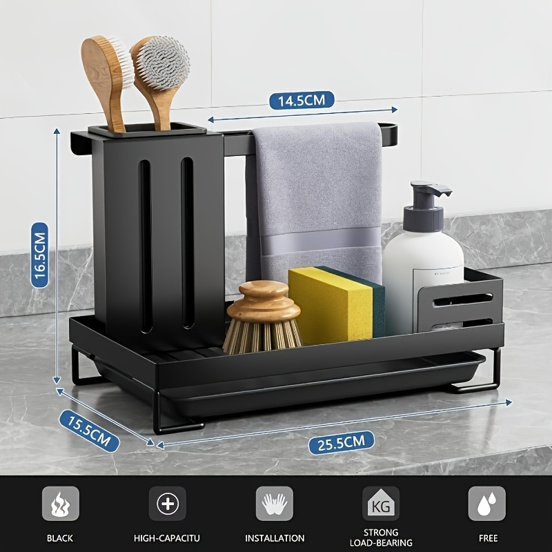 Image of Stainless Steel Kitchen Sink Organizer With Drain Tray - Black Sponge Holder For Soap, Brushes, And Cleaning Tools, Durable For Efficient Storage, Kitchen Sink Accessory
