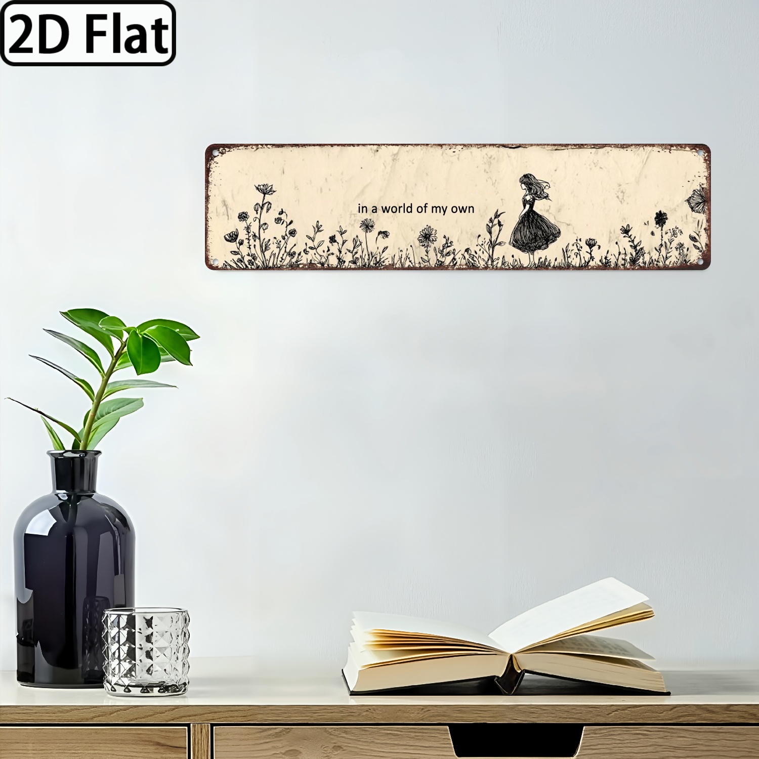 TEMU 2d Flat, 1pc Vintage "in A World " Metal Wall Art Sign - Rustic Retro Decor With Floral Whimsical Design, 164in, Indoor/outdoor Home Garage