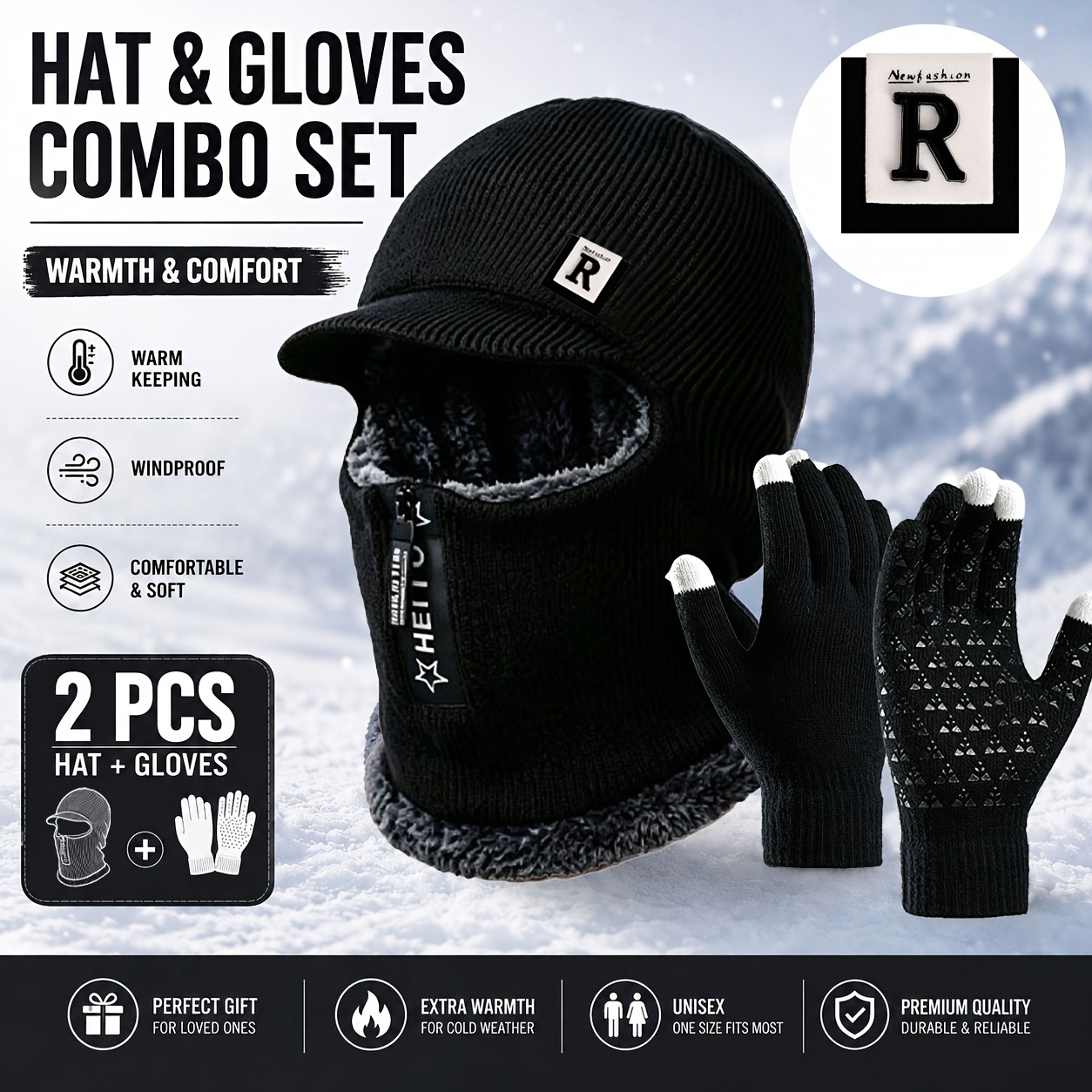 TEMU Men's 2pcs Set: 1 Balaclava Hood With Brim And Zipper + 1 Pair Of Touchscreen Anti-slip Ted Gloves. This Hat And Glove Set Features A -lined,