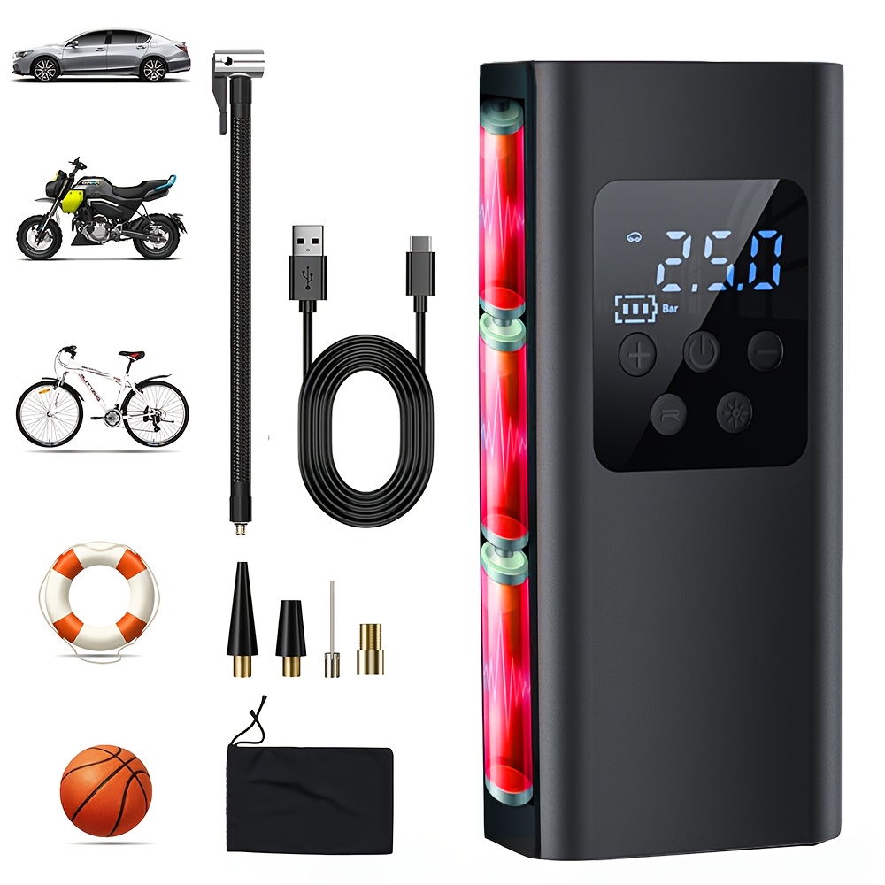 E-shop 150 PSI Tragbare Reifenpumpe - Mit 3 wiederaufladbaren Batterien, LCD-Display, elektrische Pumpe mit LED-Licht und SOS-Funktion für Autos,
