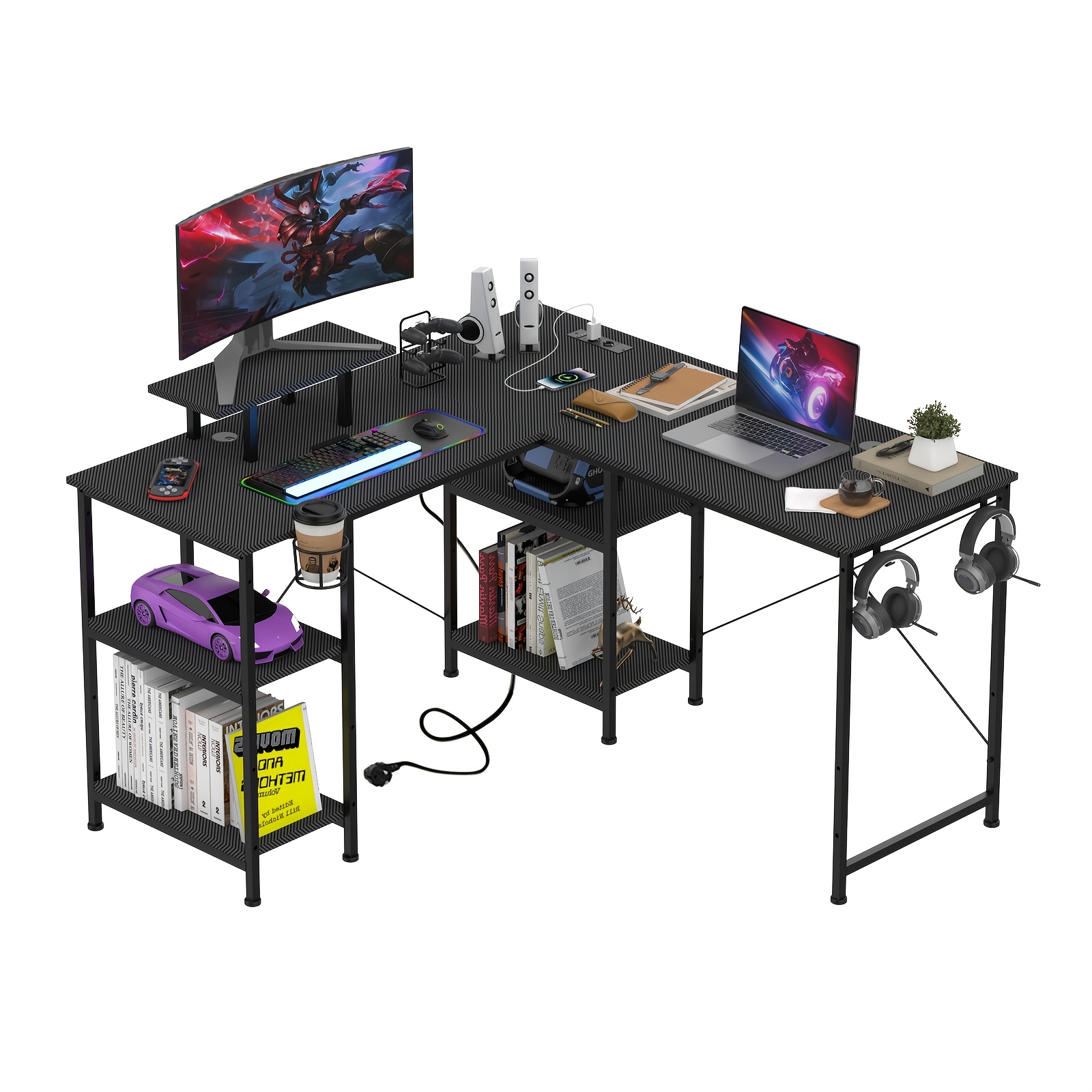 Image of 210 X 50cm Gaming Desk, Gaming Desk L Shape With Monitor Shelf, Pc Table Gaming With Carbon Fibre Surface, Stable Computer Desk (3 Types Of Installation)