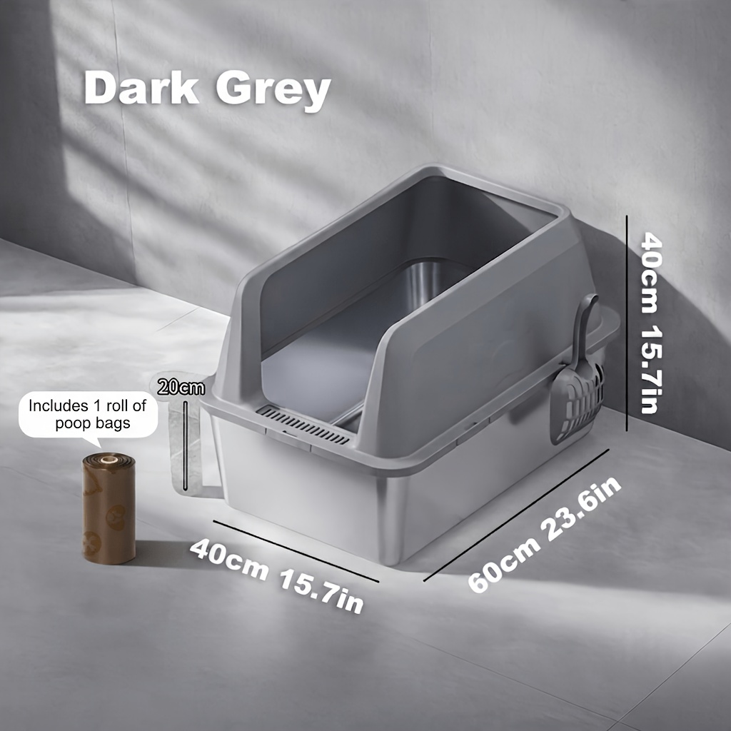 Image of High Edges Designed Stainless Steel Cat Litter Box, Extra Large, , Anti-take-out, Easy To Assemble, Easy To Clean. (includes Scoop And 1 Roll Of Poop Bag)