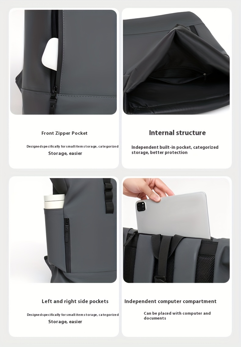 1 Large-Capacity Flip-Top Men's Backpack with Separate Laptop Compartment, Durable PU Material, Adjustable Shoulder Straps, Suitable for Commuting and Outings in Multiple Scenarios