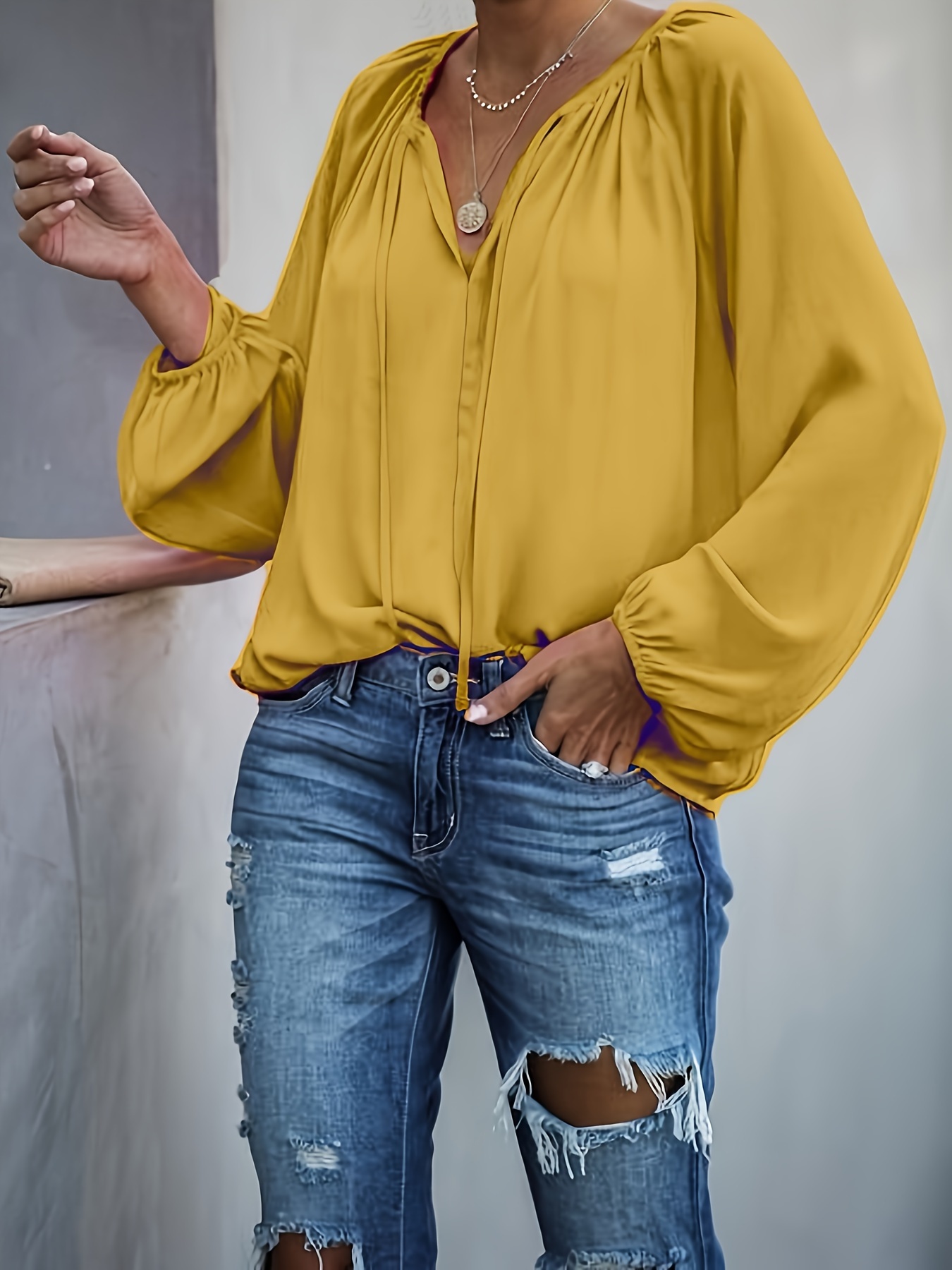 solid color v neck blouse elegant long sleeve lace blouse Temu