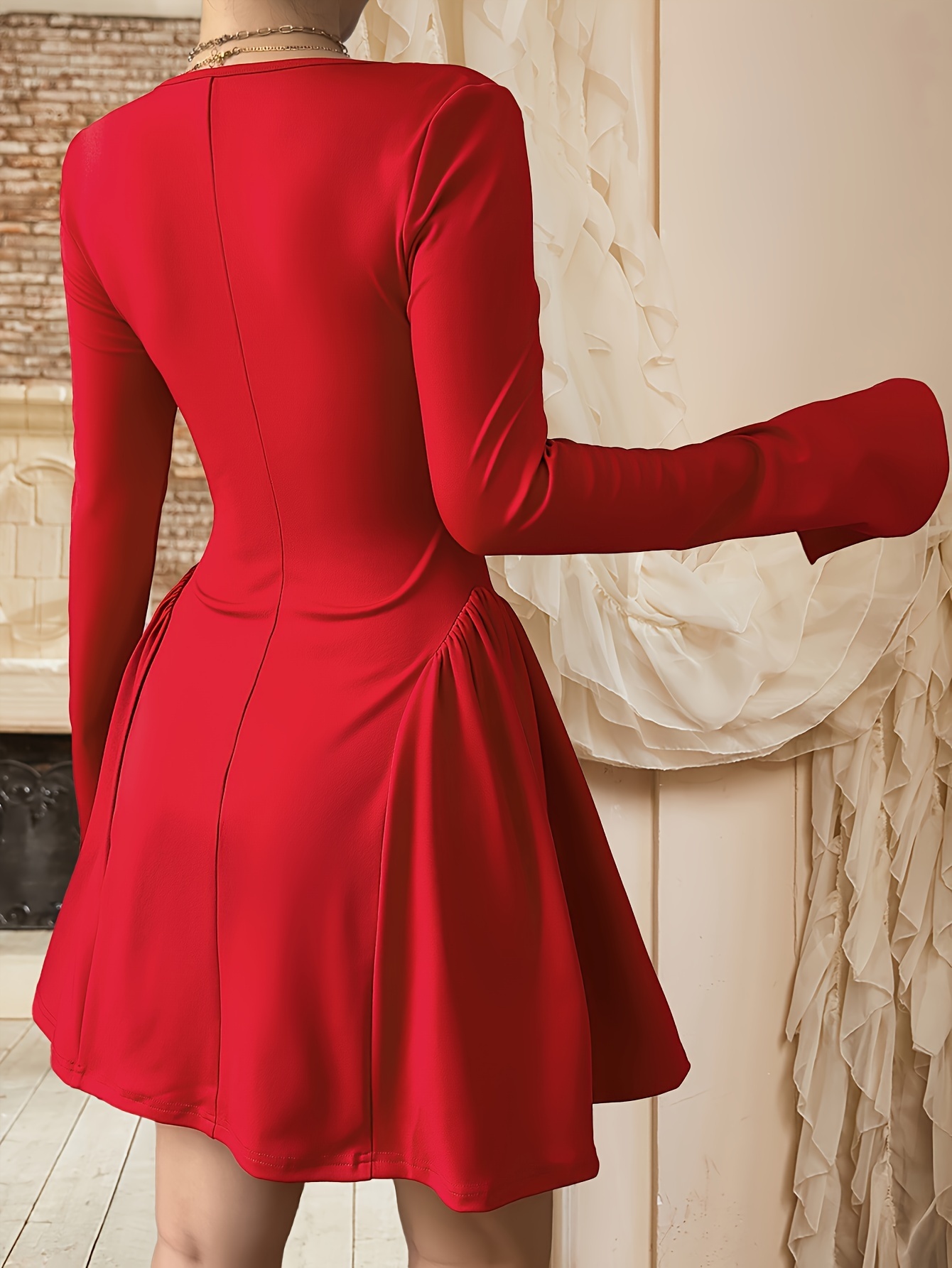 knee length dresses for ladies Bow Neckline Knee Length Dress / Long Sleeve Dress / Red Dress / Elega –  Store of Suhel