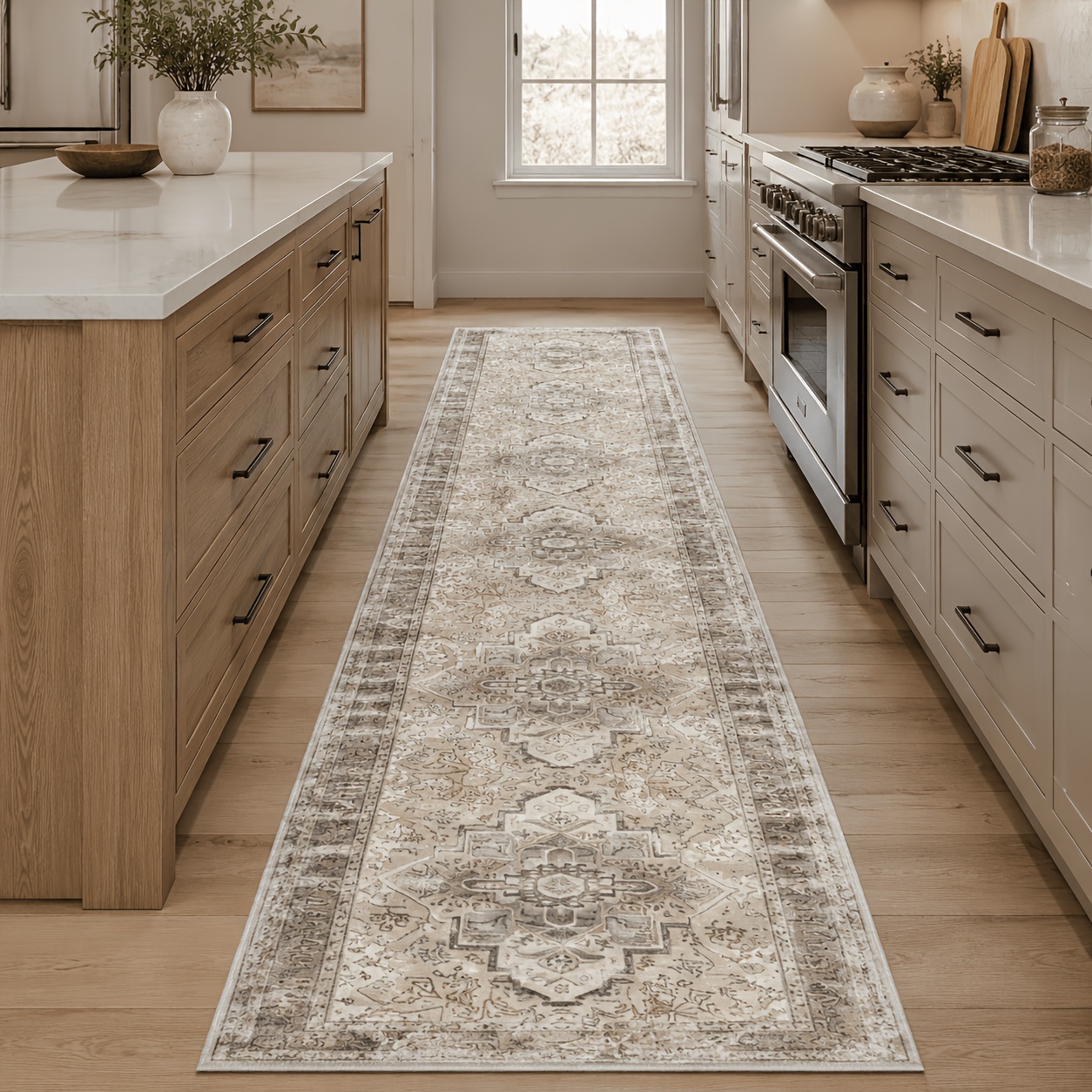 TEMU Velvet 850g, Light Beige Persian Vintage Geometric Long Runner Rug, Fluffy And Soft Velvet Fabric, Fine Stitching Resists , In Extended Sizes