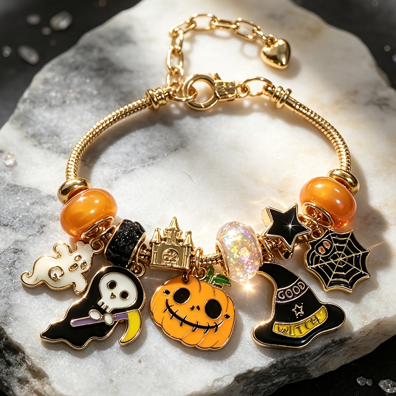 TEMU Halloween Theme Bead Snake Bone Bracelet, Pumpkin Reaper Hat Castle Pendant, Golden Adjustable Snake Bone Chain, Festive Atmosphere Hand Chain,