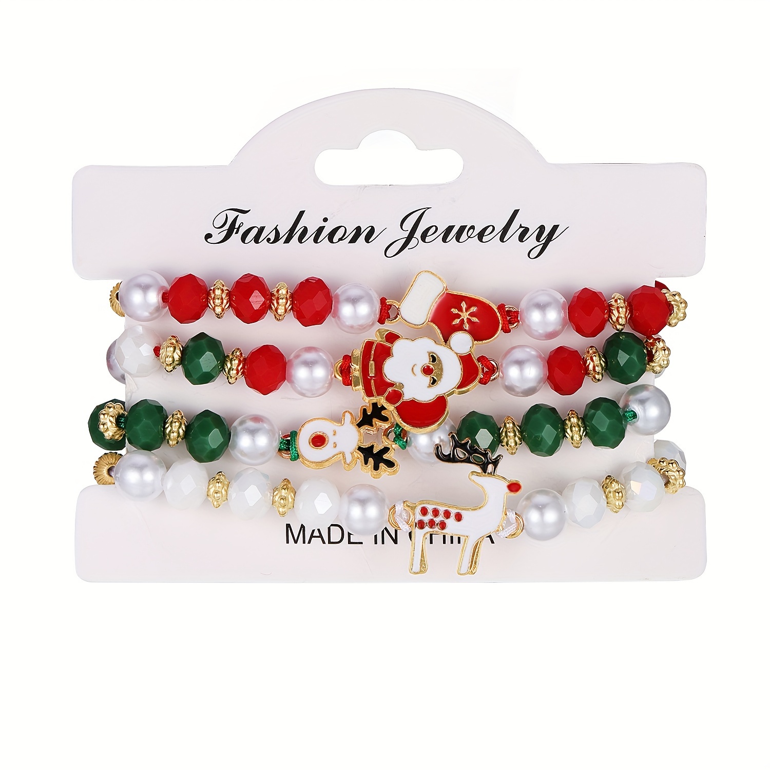 TEMU 4pcs Christmas Bracelet Set - , Reindeer & Red Gloves With Soft Clay Beads - Gift For