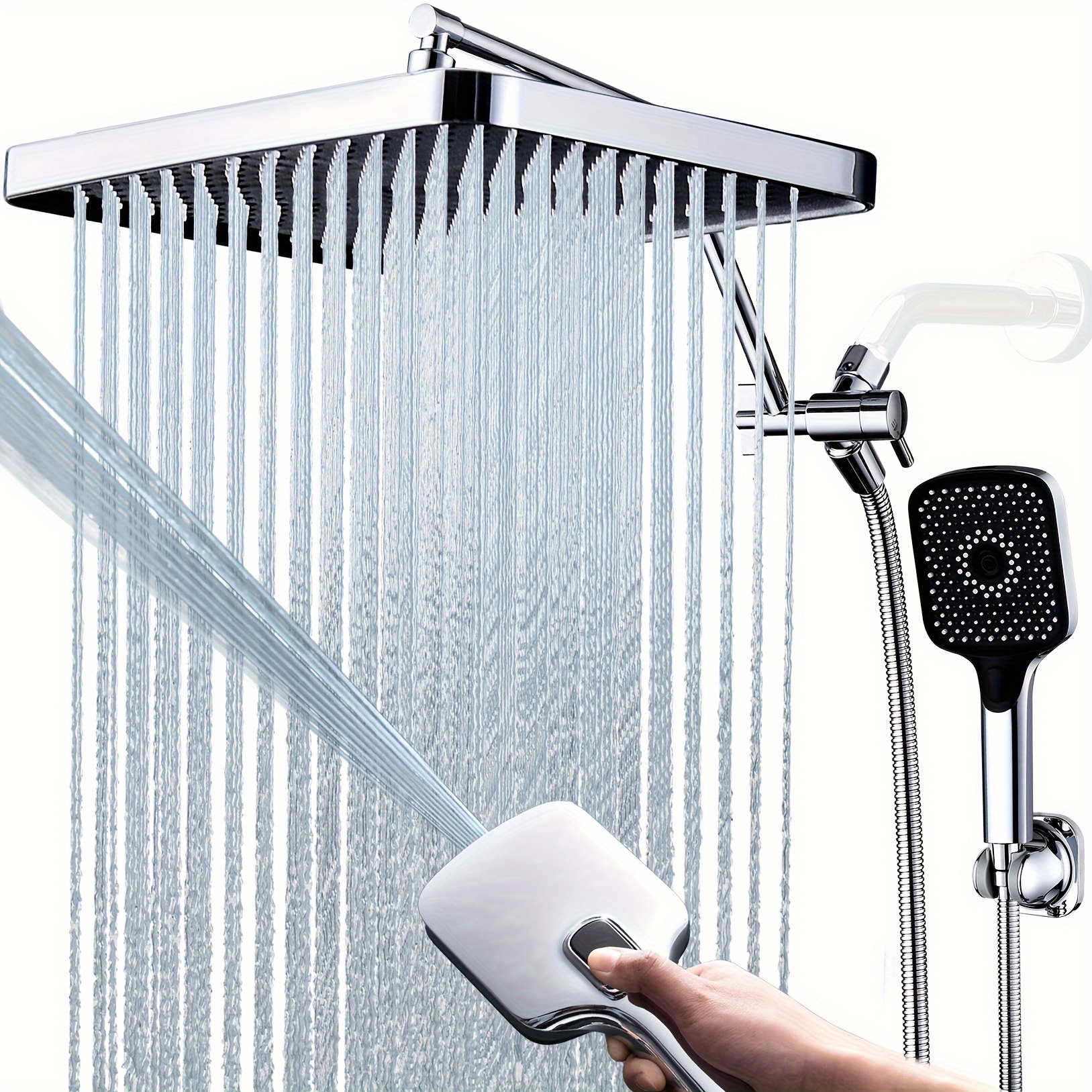 

Shower Heads With Handheld Spray Combo, 13 Inches Rain Shower Head With 4-mode Shower Wand, And 13 Inches Adjustable Extension Arm, 3-way Shower Valve, Extra Long Hose