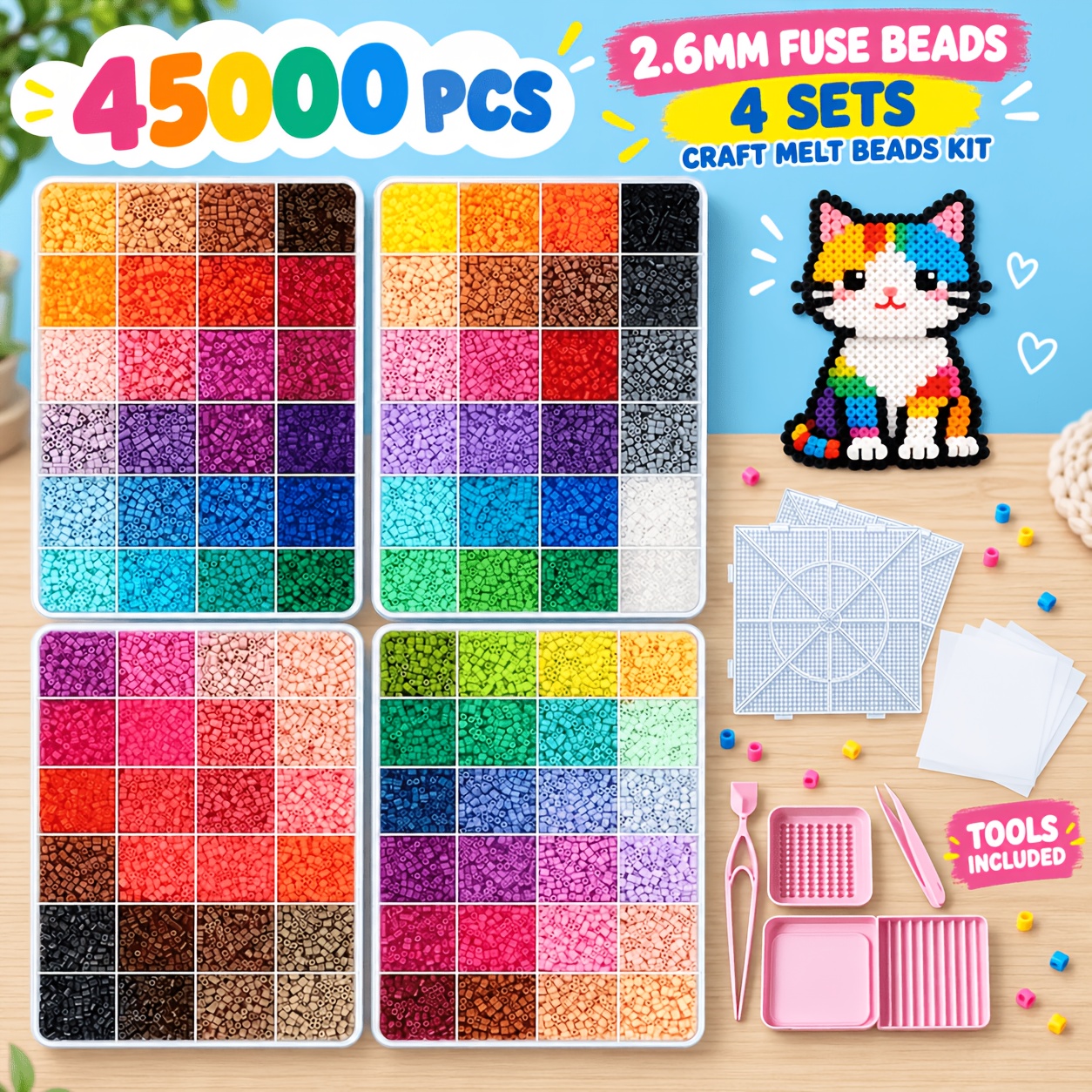 TEMU 45000pcs 96 Colors 2.6mm Small Size Pinpindoudou, 4 Assemblage Zone Accessories Set, Diy 3d Puzzle Model, Melting Beads Handmade Gift, Making,