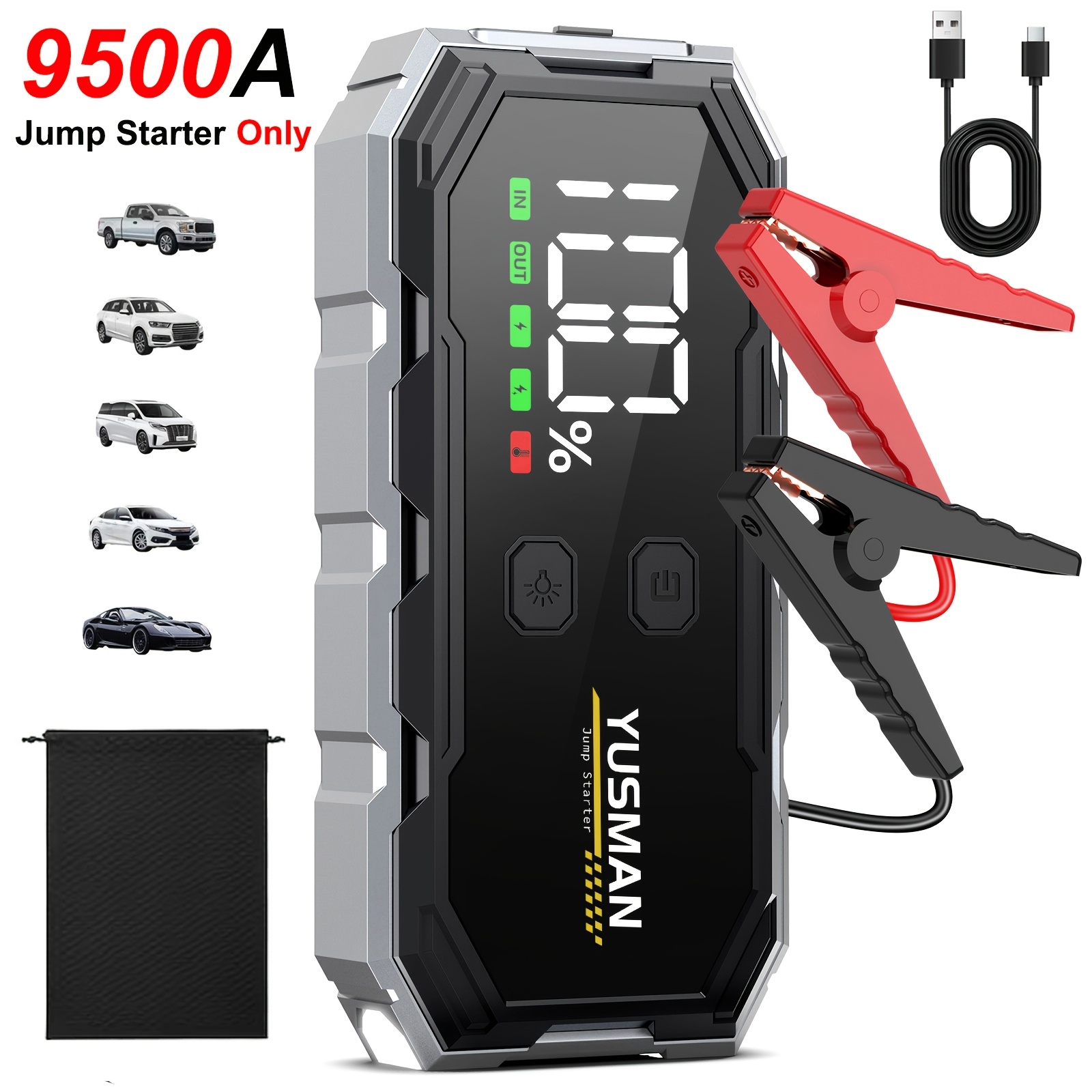 9500a Car Jump Starter For All Gas & 10.0 , 12v Car Battery Booster Jump Box With Large Lcd Display, Bright Led Light