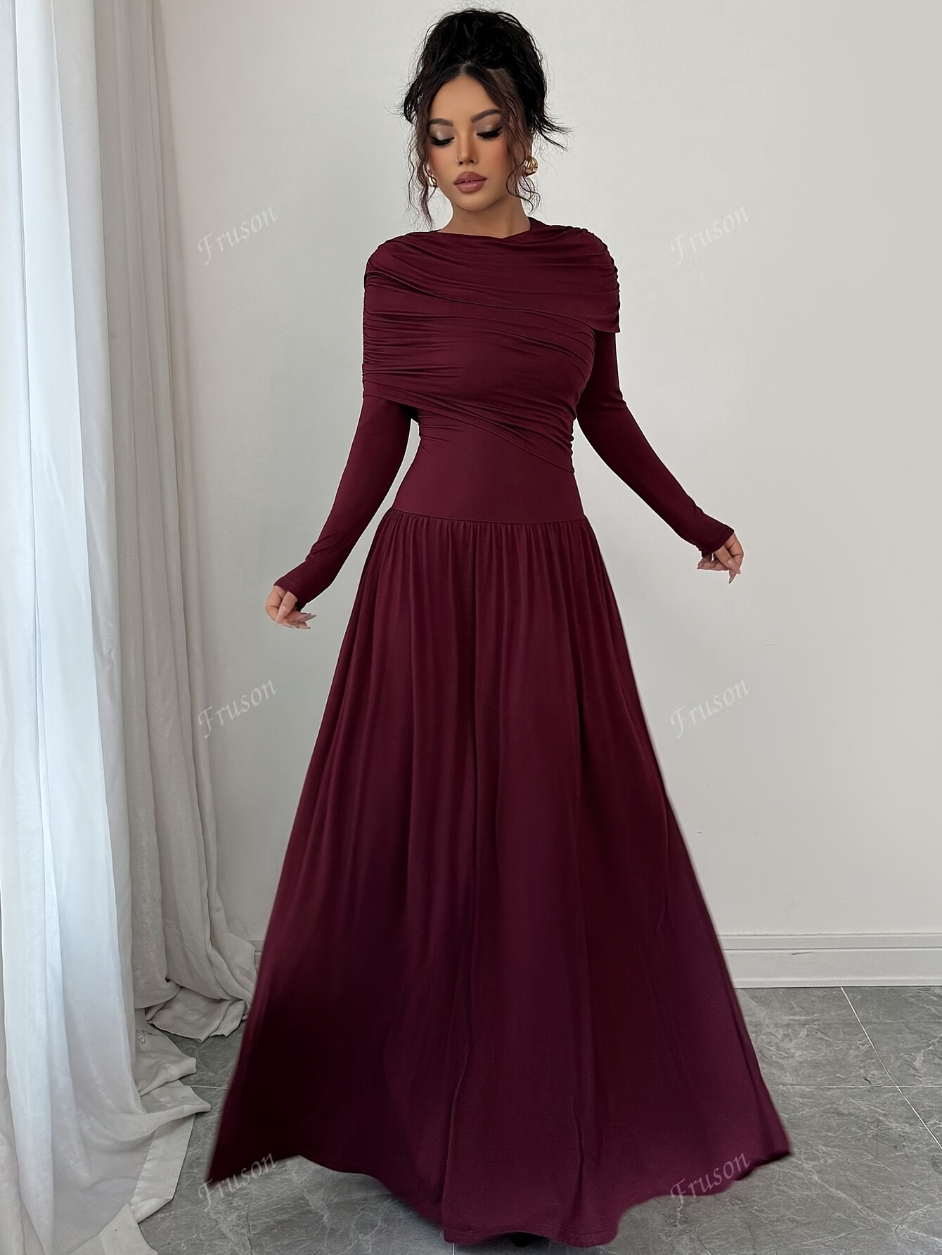 elegant smock smock dress solid color long sleeve length - Temu Oman