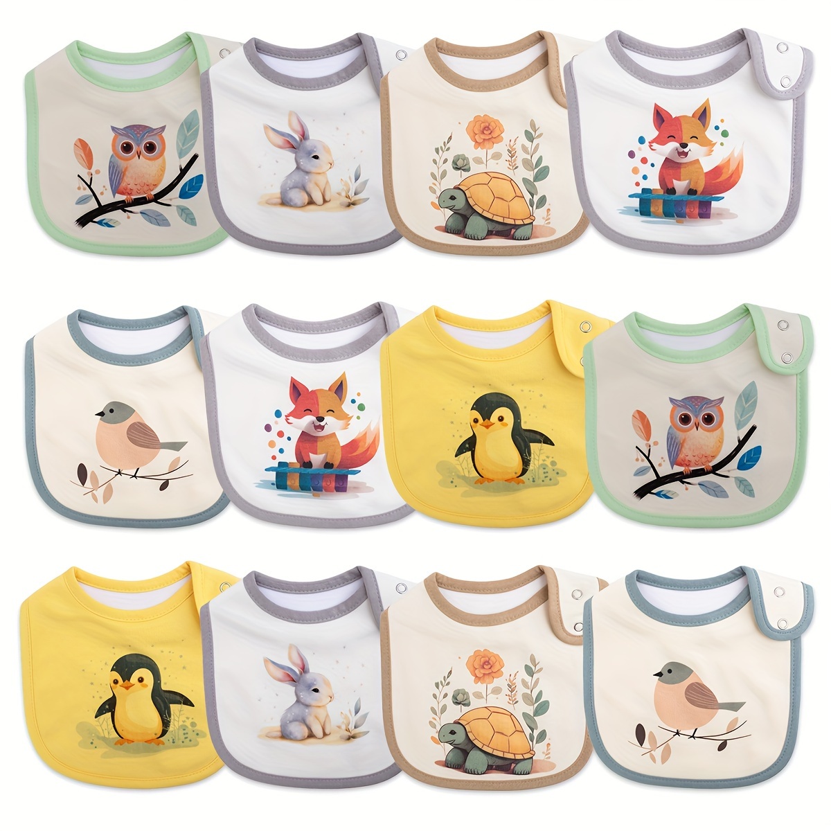 

12pcs Adjustable Snap Bibs - Waterproof, Breathable 4-layer Muslin, Cute Animal & Floral Print Designs For - Ideal For Nursing, Feeding, Teething | White, |cartoon Bibs| Babywear, Accessories