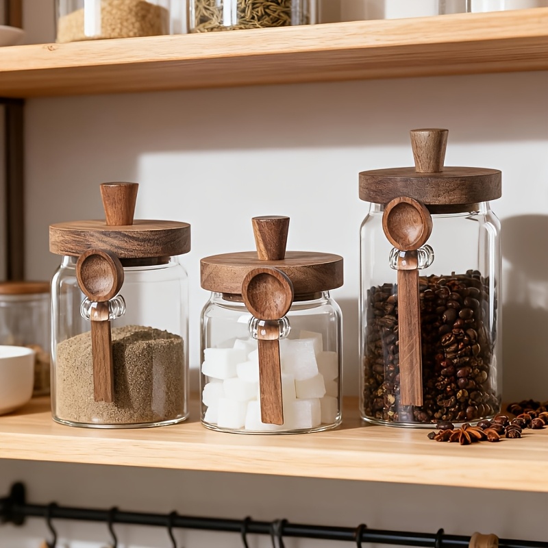 3 Glass Sealed Cans Of with Lids And Spoons, Transparent Glass Large Capacity Storage, Used for Kitchen Storage And Food Preservation Of Coffee Beans, Tea Leaves, Nuts, And Grains
