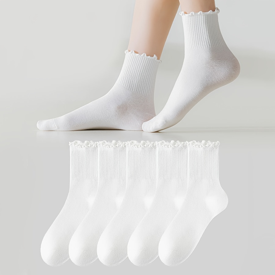 E-shop 5 Paar Damen Weiße Süße Pilz Spitze Mode Geraffte Spitze Mid-Calf Socken Geeignet für den Täglichen Gebrauch